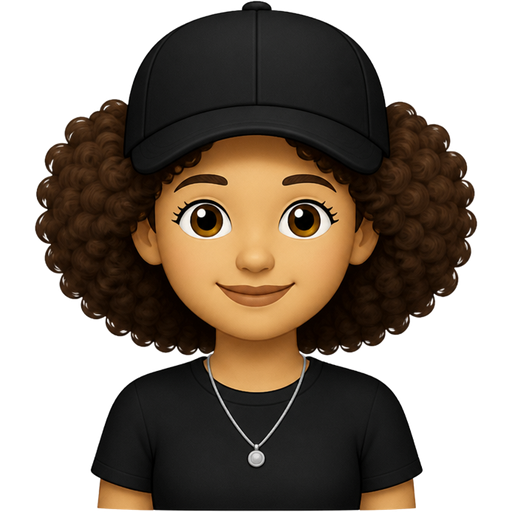 A light-skinned girl with a brown afro and a black cap, a black T-shirt, and a simple silver necklace,