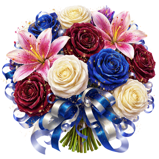 a bouquet of Whitest white, very royal blue, and deep reddish burgundy roses with purple, white, and pink derailed lilies, colors of flowers very vibrant, no green leaves, add royal blue and white sparkled shinny sparked curled ribbon, strands, gold glitter sprinkled on flowers on a white background