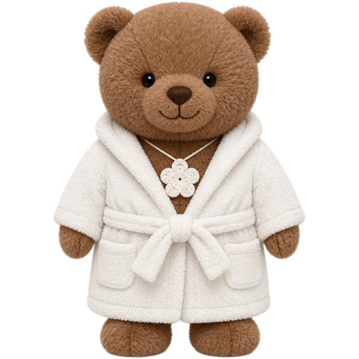 Brown bear jelly cat with a white bear bathrobe tied around with a white clover necklace that’s crocheted