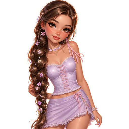 semi-realistic soft cartoon luxury glam, mini plush Bratz-doll aesthetic, cinematic glow, crisp clean detail, glossy glam skin. brown eyed Petite 5ft girl, fair skin with soft freckles, wide face with tall forehead, honey-brown almond wide-set upturned eyes, fluttery lashes, shimmer highlight, plush lips, bottom heavy lip, sweet Belle-princess vibe, long straight brunette hair with visible caramel highlights, wearing a lilac lace-up satin cami with pink ribbon straps, a soft lavender mini skirt with delicate ruching and floral trim, flower jewelry, hair in an extra-long thick braid with tiny flowers woven throughout, makeup with rosy shimmer lids, doll lashes, pink blush, and a glossy mauve-pink lip, posing with dreamy fairytale energy and a sweet radiant smile