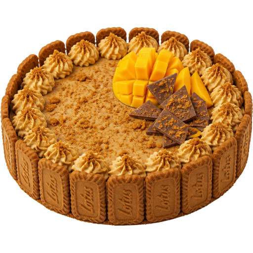 Whole Bischoff Cookie Cake with Bischoff Cookies Surrounding the Outside and Cookie Butter Buttercream Dollops on Top along with a few mangos and Cookies Butter Chocolate Bark