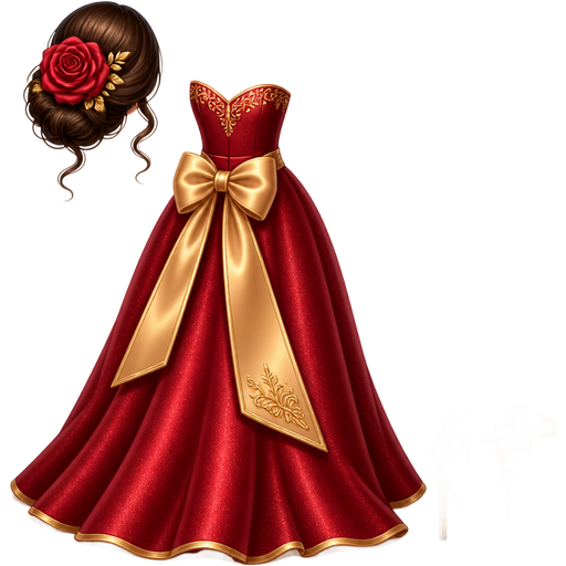 A fancy dress with a bow on the back Gold heels a rose in the hair and a fancy bracelet And necklace and earrings