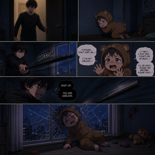 He opens the door and his baby brother has chubby cheeks in BEar clothes crawls into a corner scared. Then a bat is flung and he misses The the baby flinches and begs and reasons with and talks about how he isn’t useless him not to but he doesn’t listen and the baby flys and hits the window and lays there near the window