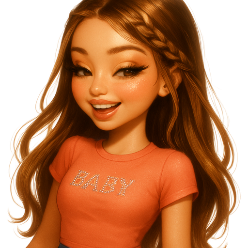 luxury glossy bratz-anime romantic aesthetic, warm cinematic glow, crisp clean detail, glossy glam skin. petite girl, warm soft-autumn tone, fair skin, honey-brown almond eyes, soft freckles, warm toasty glam makeup, glossy nude lips, flutter lashes, sweet Belle-princess vibe, long brunette honey balayage hair with visible light honey blonde highlights, Coral baby-tee with rhinestone text, denim skirt, braided front strands, sparkly peach blush, giggling mid-turn, pop-princess energy, shimmer highlight, sparkly glow