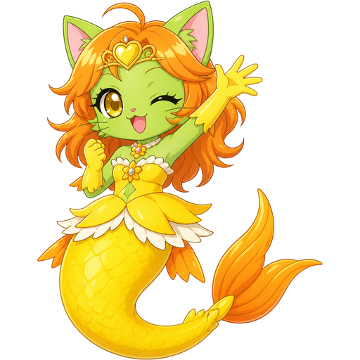 green cat anthro with yellow dress attached to long yellow mermaid tail with orange fins yellow gloves orange hair jewelpet sunshine version