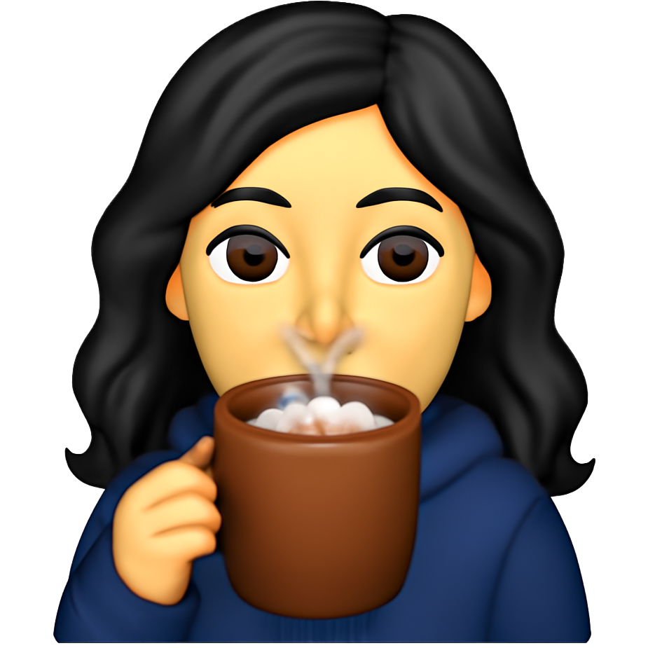 Make a beautiful white girl with black wavy hair and brown dark eyes wearing navy blue hoodie and drinking hot chocolate