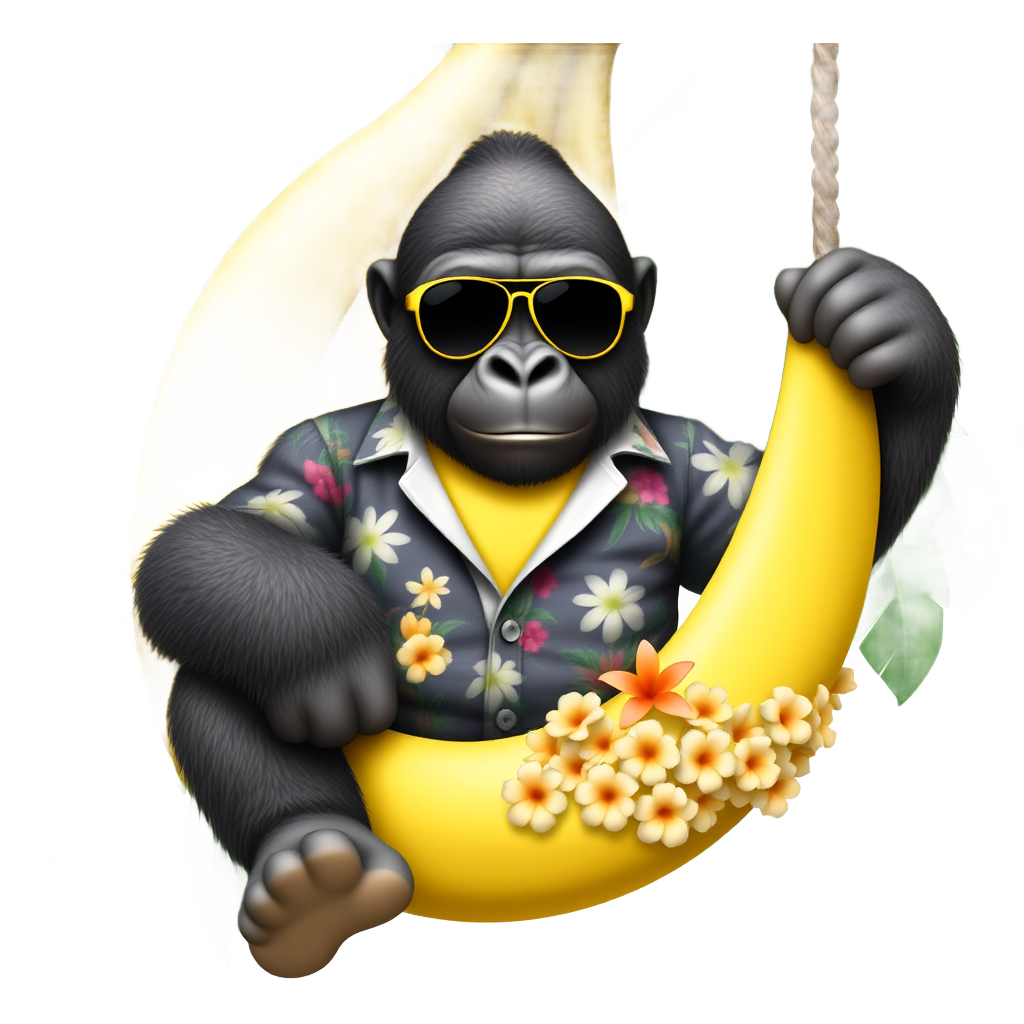 Imagine a dapper gorilla lounging inside a giant banana, surrounded by lush jungle foliage. The gorilla sports stylish aviator sunglasses and a vibrant Hawaiian shirt, while its mouth is curiously shaped like a banana, with playful chimpanzee symbols playfully etched around. A swing of exotic flowers completes the scene!