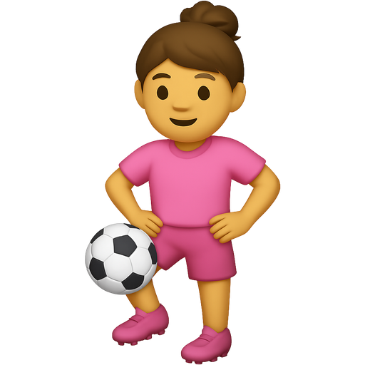 Juggling with feet hands on hips cute pink jersey shorts and tucked in jersey. Brown messy bun hairstyle, pink cleats