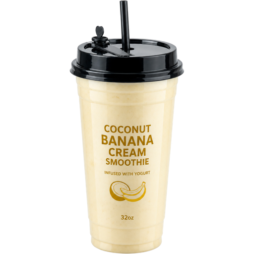 Coconut Banana Cream Smoothie with a 32oz PP Injection Cup and a Premium Plastic PP Black Lid with an Attached Stopper including a Straw on Top of It Infused with Yogurt Blended with Banana and Coconut Milk