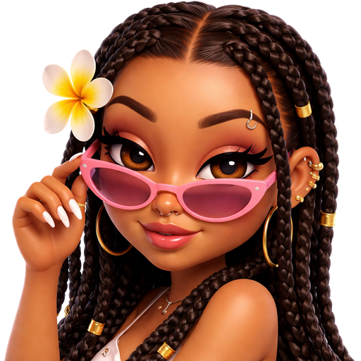 Female Hawaiian emoji light brown, black medium braids, piercings (nose, ears, brow, bottom lip), long nails, eyelashes arched brows pink sunglasses slightly down nose, smirking