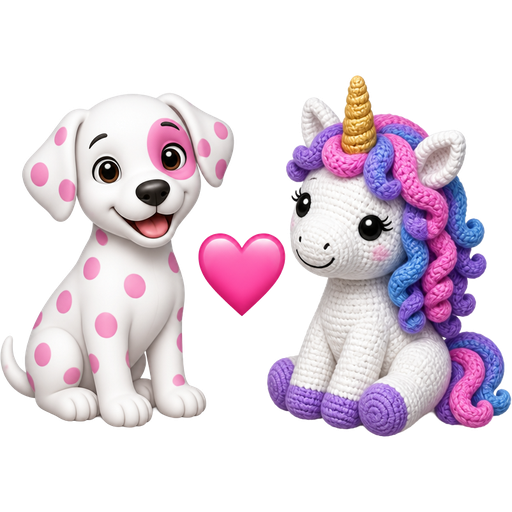 It’s a Dalmatian with only pink spots and one around his right eye and he’s next to a crocheted, unicorn with purple pink and blue hair and they have a heart in between the dog and the unicorn