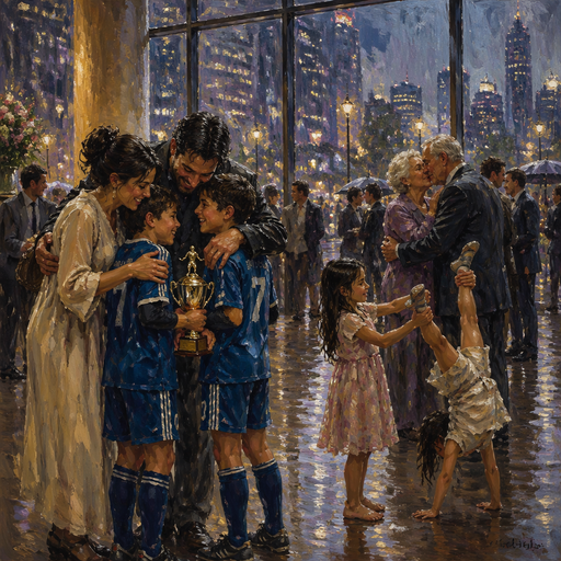 give me a mom and dad hugging their two sons after they won the soccer competition and the sister is helping her with the other sister’s handstand in the and the grandparents are kissing they’re inside of building around other people with a rainy city view