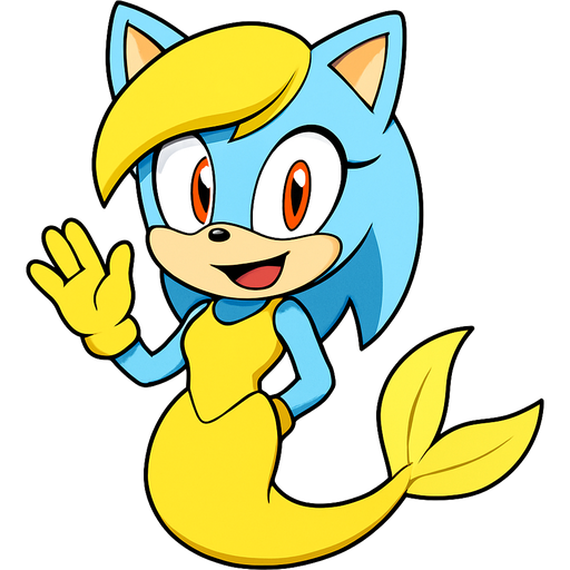 light blue vixen smiling with yellow hair orange eyes yellow glove yellow dress attached to yellow mermaid tail with light yellow tail fins sonic x version