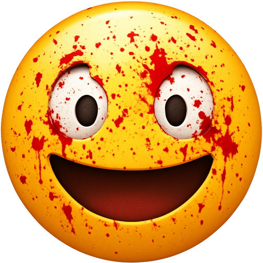 Yellow round emoji face with blood splatter all over face with closed smile wide open, eyes in opposite outward directions