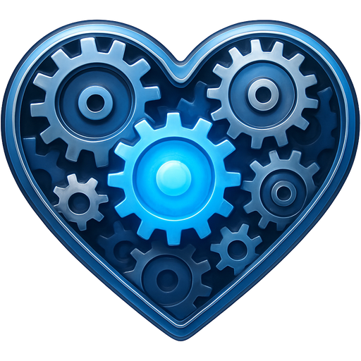 Create an emoji-style icon of a heart made of interlocking metallic gears. Blue glow in the center, glossy reflections, rounded shapes, modern clean look. Freudenberg-inspired blues and greys. White background