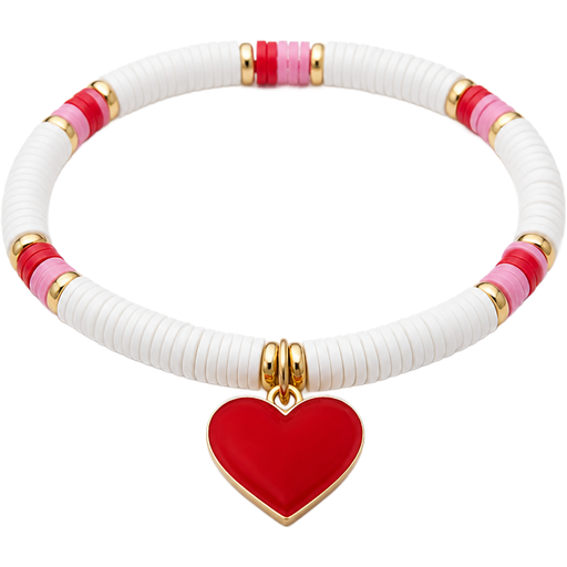 Valentine’s Day White Flat Round Polymer Beaded Bracelet with a Few Pink and Red Beads and Gold Pieces in between and a Big Red Heart Hanging From it