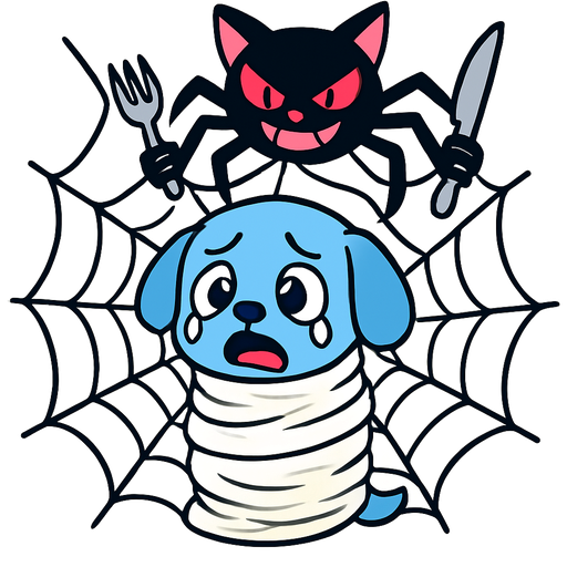 #FFFEED slikworm cocooned pod #FFFEED blue puppy panicked teary eyes covered with #FFFEED very huge coating of #FFFEED slik and very huge #FFFEED slik wrappings and #FFFEED webbings #FFFEED very large coating of #FFFEED slik and very huge #FFFEED slik wrappings and #FFFEED webbings #FFFEED onto a large #FFFEED cobweb with a wicked pink and black cat spider hybrid holding a fork and knife
