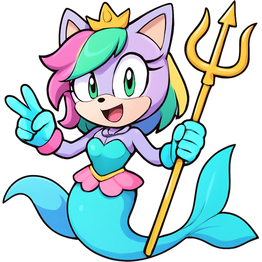 sonic x style version light purple anthro cat with pink and green and yellow hair blue green eyes golden crown with light purple necklace light cyan braclets cyan and green dress with pink skirt attached to cyan and light blue mermaid tail with pink tail fins pink and cyan gloves holding a golden trident poses like merna the merhog sonic x style version fan character emoji, expressive cute style