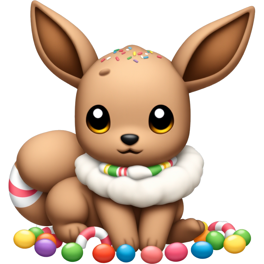 Candy-coated Eevee, with a chocolate brown body, licorice whiskers, and marshmallow ears. Its fluffy tail is spun sugar, dusted with colorful sprinkles, while gummy berry eyes sparkle. A sugary collar made of rainbow taffy adds flair, and it's surrounded by a swirl of candy canes and jellybeans! π¬β¨