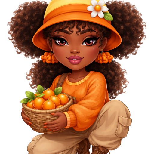 Orange Blossom from Strawberry Shortcake with a Dark Warm Ebony Skin Tone and a Flipped up Bucket Hat with Yellow at the Top of the Hat and a Orange Brimming Trim in the Middle with the Bottom having a Dark Orange trim and a Lighter Orange Underneath it with a Orange Flower with Three Leaves on the Right Side with Two Afro- Textured Brown High Puff Curly Ponytails Wearing Natural Voluminous Eyelashes and Asymmetrical Type Lip Shape, Followed up with a Matte Purple Lipstick Finish and Magenta Eyeshadow along with a Modern Tail- Arched Eyebrow in Which the Eye-Shape is more of a Deep-set Type of Feature and the Scrunchies in her hair are also Orange She also have curly Bangs hanging at the Front of her hair Which is also wearing a Oversized Orange Long Sleeved Sweater with a light Orange Trim Going around the Neckline And Baggy Beige Pants with a Pocket on the side with Brown Leather Boots Carrying a Basket of Oranges