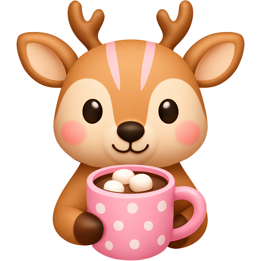 A deer with a white pink with white white, stripes and hot cocoa with pink and white marshmallows, and a white pink with white dots