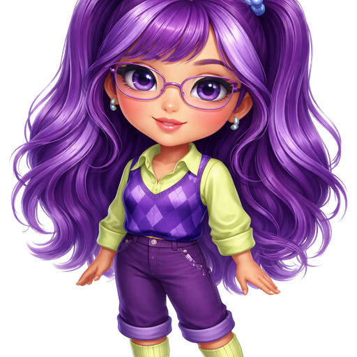 Plum Pudding From Strawberry Shortcake with a Medium-Tan Cool Medium Beige Skin Tone with a Uni-Lip Shape with a Moonstone Eyelash Setup Completing the Look with a Guest List Lipstick Finish with a Neutral Pastel Blue Eyeshadow with a Small Eye Shape and a Base-Down Triangle Face Shape with Purple Hair and the Bangs having Light Purple Highlights with a Half up Half down Hairstyle in Two Ponytails with Blue Elastic Bubble Hair Ties Wearing Purple Rectangle Metal Glasses With Rosy Red Cheeks also Wearing a Lime Green Button-Up Long Sleeve Shirt with the Bottom of the Sleeves Rolled up With a Short Purple Sweater and A Dark Purple Diamond Checkerboard Pattern Wearing Dark Purple Pants with a Silver Button on the Side and the Bottom of it Rolled up with Long Lime Green Socks and Dark Purple Flats with a Adult Toned Build with Vivid and Distinct Features and Visual Features in a Soft HD Intense Polished Shine
