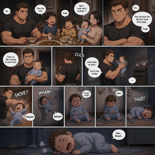 A DETAILED AND LIFELIKE ANIME long Comic Book story view of a Bulky but Muscular ANIME Cute Bara Man With Peach toned skin Who looks Normal aind round facial Structure and Basic facial structure With Puffy and Big Pecs that are visible through the shirt and Biceps and Bandaid on his nose and Brown short hair that makes them look tough. Wearing normal With his pet Grown and healthy realistic otter and 2 little brothers that are in different ages but young. But didn‘t like the baby, but At the dinner table the baby was loved by the family. so the little baby is taken to his room alone so he picks the little baby and takes him to his room alone and the baby brother fly’s to the wall from him and cries but is to weak and the baby brother sits there coughing and gets up slowly sits up and takes his time but he is impatiant and the baby flies to the floor and lays there.
