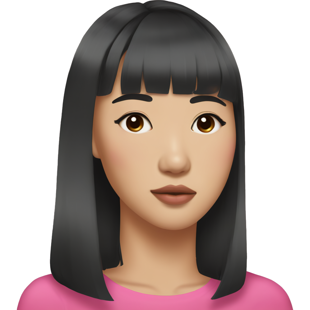 Asian woman in her 20s with thin double eyelids, Her eyes are black, her hair comes up to the shoulders, dries slightly inside, and the skin is white, bangs and mid-short hair, hair color black, with a mole on her nose, lips are light hot pink, lips are dark, lips are dark, light pink blusher