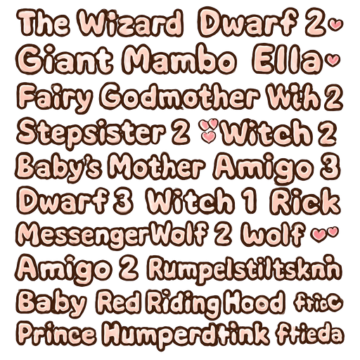 The Wizard/ Dwarf 1/Dwarf 2/Giant/ Mambo/ Ella/ Fairy Godmother/ Stepsister 2/Witch 2/Baby's Mother/ Amigo 3/Dwarf 3/MessengerWolf 2/ Witch 1/ Rumpelstiltskin/ Amigo 2/ Wolf 1/ Rick/ Amigo 1/ Munk/ Stepsister 1/ Baby/ Red Riding Hood/ Prince Humperdink/ Frieda