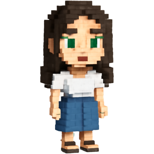 Light skinned Woman with long dark brown hair, green eyes, wearing a white t shirt and jean skirt that goes to the knees wearing sandals