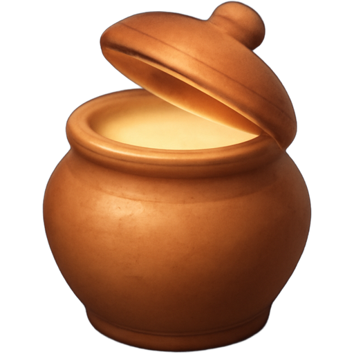 A small, simple terracotta chest or jar with a slightly open lid, emitting a soft, warm beige glow. Dark blue background. Symbolizes internal resources and strengths.