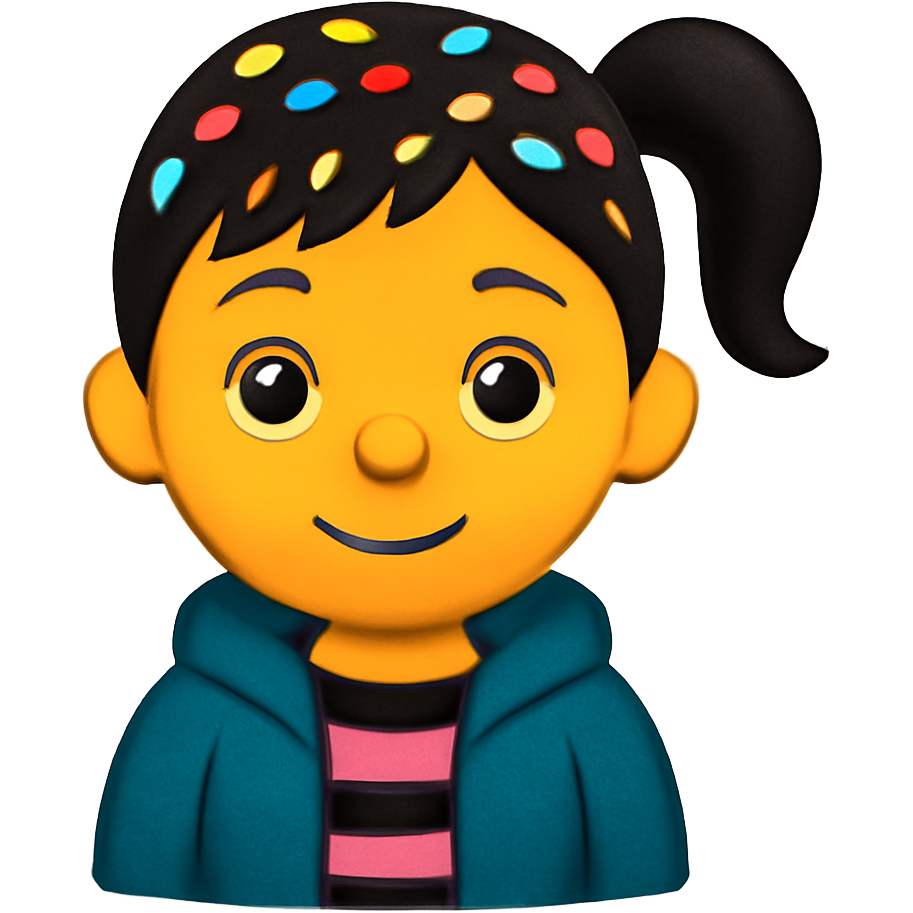A very short little girl with sprinkles in her hair with a dark teal hoodie and a short black and pink striped shirt with black hair in a ponytail