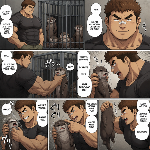 A DETAILED AND LIFELIKE ANIME Comic Book story view of a Bulky but Muscular ANIME Cute Bara Man With Peach toned skin Who looks Normal aind round facial Structure and Basic facial structure With Puffy and Big Pecs that are visible through the shirt and Biceps and Bandaid on his nose and Brown short hair that makes them look tough. Wearing normal A Few otters in a cage that look like otter. and then pick one otter. and excessively bullies it.