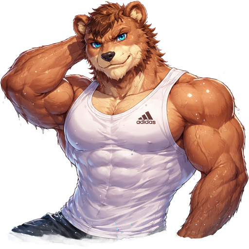 A Anime Full Body and Face of a Muscular and. VERY Masculine and handsome Bara Furry Bear with a Very detailed Good looking Face and Blue eyes with a wrestler type body. At a Photo Shoot Posing in a the water no chain with a white adidas shirt
