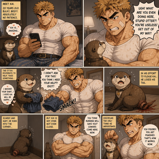 Comic book story about of a Bulky and Beefy and every Muscle is bigger than average and less shredded or muscular with Chunky and Bulky chest and Biceps and his defined abs ANIME Cute Bara Man American 20 year old with a ROUND and BASIC facial structure and Young Adult BARA CUTE that is Peach Toned skin not anything else MALE not to detailed With bigger than average Pecs that are visible through the shirt and Biceps but slim and Athletic Lower body that makes have a V-Tapper Lower Body and a big Bandaid on his nose and Left Cheek and Right Eye brow with Scars all over his Chest and arms. Wearing a no piercings Wearing a baggy White Shirt that is tight around the waist with and Pajama pants and drenched in sweat and Short and yellowish Brown Hair and Bright Light Brown fluffy Hair and Strait with brown eyes and black eyebrows with a Three finger Slash on his Eyebrow. With no Facial Hair. Sitting down on his bed with his Pet Otter that has a Collar and has a Huge Crush on him a n, at his house and excessively Bullies it. He Messages his bulky and Chunky Biceps, With his hunky biceps and he has a belt. And he gets mad at the otter. And so hard to try doing something helpful, and he looses his tail. And runs into a Corner but then gets Disciplined for tryin to run
