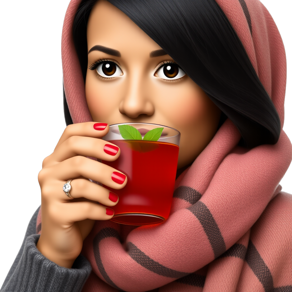 Tan Woman with black hair wear dusty pink and brown Burberry scarf around her hair and drinking a red tea with mint with red nails and diamond ring