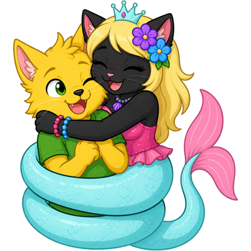 furry yellow cat with green shirt getting hugged by black cat furry with light yellow hair purple and blue flowers light cyan crown purple and green necklace pink and blue bracelets pink dress attached to long light cyan mermaid tail with pink tail fins using its own long light cyan mermaid tail with pink tail fins like a snake