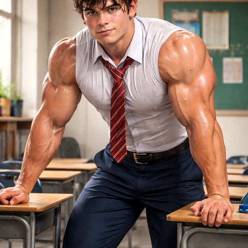 A Real life Full Body Image of a Tall Muscular, Chunky and Stocky and Brown haired and Brown Eyed High Schooler with Wrestler type Body and a Tiny Waist. in a Sleeveless School Boy Uniform. Drenched in Sweat. Leaning on the Tables flexing his Triceps