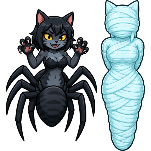 episode 52 beware of the cat drider next to wrapped up and mummified fully covered in a #B8FFFF spider slik cocoon shaped like female cat girl anthro with arms behind back with #B8FFFF spider slik wrappings completely covered with thick layers non-transparent #B8FFFF spider slik wrappings #B8FFFF