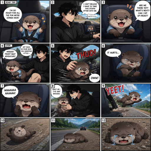 A comic book Picture by picture and shows impact of a A small baby cute otter that is in his booster seat in the back and talks about how ready he is for the fun there going to have and also in the car his Cute and Handsome owner who hates the otter wearing a Black Hoodie and Shorts owner who is on a road trip with his otter in the back and the otter climes to the front and Squirms in the front seat and is thrown back into his chair says it hurts. And he lays there and The otter cries and then he grabs the otter and then the otter flys out the window and rolls. And lays there on the side of the road.