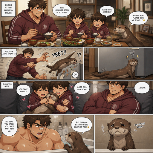 A DETAILED AND LIFELIKE ANIME Comic Book story view of a Bulky but Muscular ANIME Cute Bara Man With Peach toned skin Who looks Normal aind round facial Structure and Basic facial structure With Puffy and Big Pecs that are visible through the shirt and Biceps and Bandaid on his nose and Brown Fluffy and Strait hair. Wearing normal clothes and hoodie that matches his Family members so no one in the family got lost and With his pet Full grown and Healthy and long otter and 2 little brothers. And they at the house all eating dinner together and the otter begs for food. And the bigger brother throws him at the fridge and he lays there. And the otter sits in the laps of the brothers and they Cuddle and squeeze him and Love him and feel safe. And the big brother takes a Bath and the otter wants to take a bath with him it doesn’t doesn’t like the otter and won’t accept it