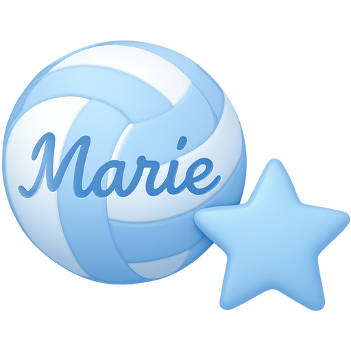 I want a light light blue checkered board with white in the checkered and also a light light blue volleyball with Marie written in cursive and also a light light blue star