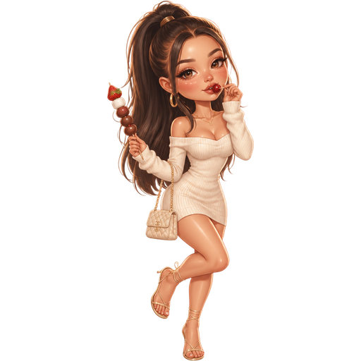 semi-realistic soft cartoon luxury glam, mini plush Bratz-doll aesthetic, cinematic glow, crisp clean detail, glossy glam skin. brown eyed Petite 5ft girl, fair skin with soft freckles, wide face with tall forehead, honey-brown almond wide-set upturned eyes, fluttery lashes, shimmer highlight, plush lips, bottom heavy lip, sweet Belle-princess vibe, long straight brunette hair with visible caramel highlights, wearing a creamy ivory off-shoulder knit mini dress with ribbed texture, gold hoops, a tiny quilted shoulder bag and strappy heeled sandals, hair in a fluffy high ponytail with soft face-framing pieces, makeup with warm champagne lids, peachy blush and glossy nude lips, holding a dessert skewer and eating a cherry in a flirty pin-up pose