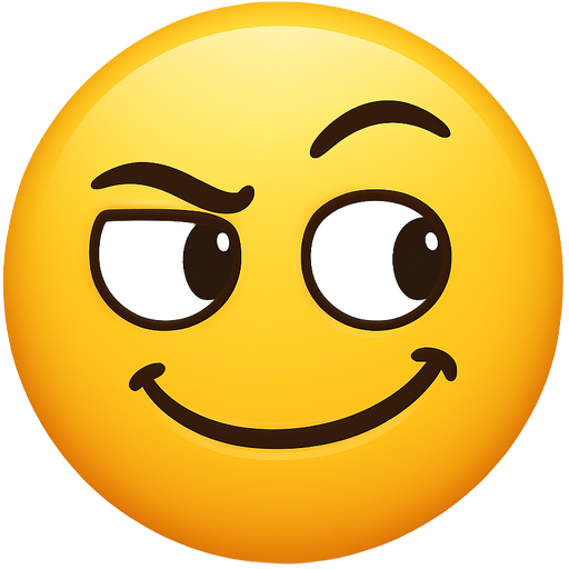 a yellow smiley face with big eyes and make the smile a mischievous grin keep it a side eye though