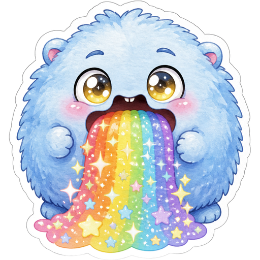 Веселый, Тошнит радугой и блесками, a cute fluffy round creature, soft light blue fur, big shiny yellow eyes, small ears barely visible, chubby ball shape, expressive face, cartoon style, bold outline, soft shading, sticker style, white background