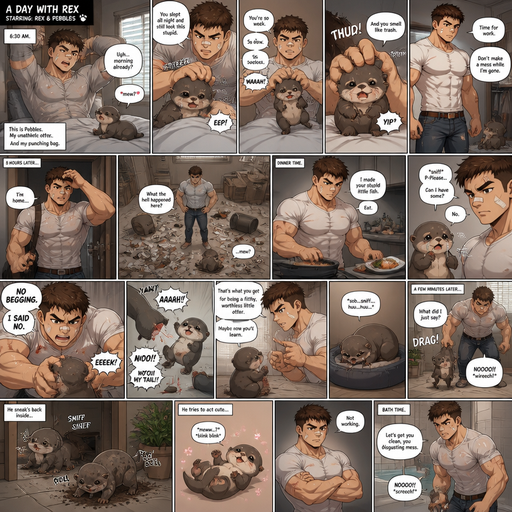 A very lifelike and Detailed Full page Anime Comic book story about of a Bulky ANIME Cute Bara Man American 20 year old with a ROUND and BASIC facial structure and Young Adult BARA CUTE that is Peach Toned skin not anything else MALE not to detailed With bigger than average Pecs that are visible through the shirt and Biceps and a big Bandaid on his nose and Left Cheek and Right Eye brow with Scars all over his Chest and arms. Wearing a white shirt that is tight around the waist and Jeans drenched in sweat and Short and Brown strait Fluffy Hair and Strait with brown eyes and black eyebrows with a Three finger Slash on his Eyebrow. With no Facial Hair. Waking up in the morning in pajamas and his pet baby Unathletic otter but Excessively bully’s it. And when he comes back from work he sees the otter right we’re he left him with trash around him and made a mess. He makes dinner and the Otter doesn’t even eat dinner and cries and asks for some and then looses his tail. And the otter Receives Discipline that. Then goes to cry in his dog bed but gets Dragged and then crawls back inside at the Door from sniffing flowers and rolling in the dirt and the otter try’s to act cute but doesn’t work he excessively bully’s him more. And takes him to go get a bath