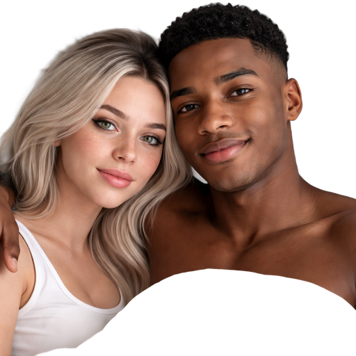 20 year old female with icy blonde dark roots green eyes freckles laying in bed with a 23 year old black man with brown eyes very short curly hair no facial hair