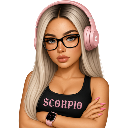 35 year old baddie with subtle full lips a slight bumpy nose slim face high cheek bones with alot of freckles across the nose almond shaped gray colored eyes lashes nose stud fair skin with freckles across nose with long straight icy ash blonde hair and dark roots parted in the middle serious and black glasses wearing a black tank top that says SCORPIO with pink color nails and pink Applewatch wearing pink color Beats headphones