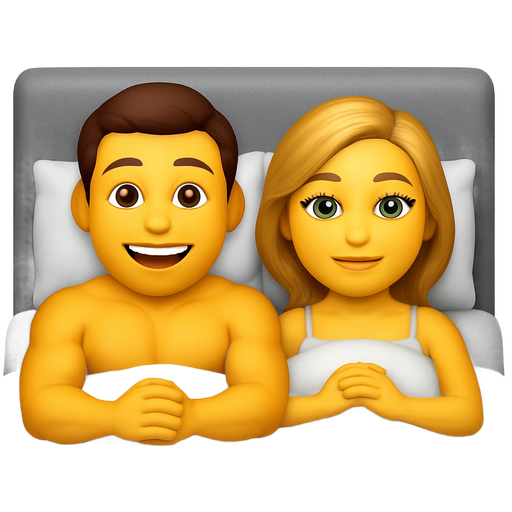 Luxe bed grey with white fluffy comforter with two emoji heads, one light brown head a man with brown eyes muscles in his arms and chest mouth happy other emoji natural color, tan eyes lips, eyes green for natural emoji with fake eyelashes, laying in bed, holding hands together