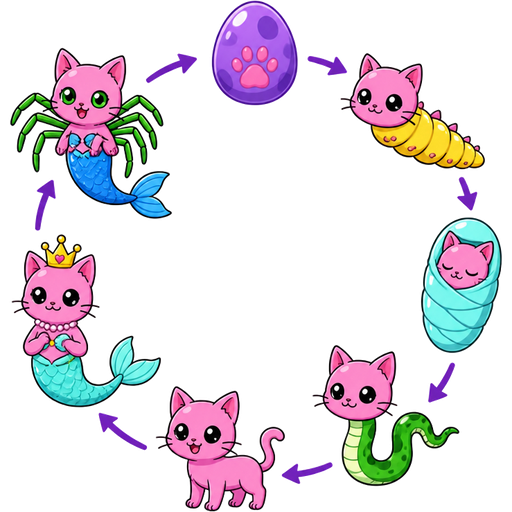 Life cycle of pink cat purple egg green spider cat hybrid with blue mermaid tail yellow larva light cyan cocoon pink cat pink cat with green snake like body pink cat with light cyan mermaid tail princess clipart cartoon style